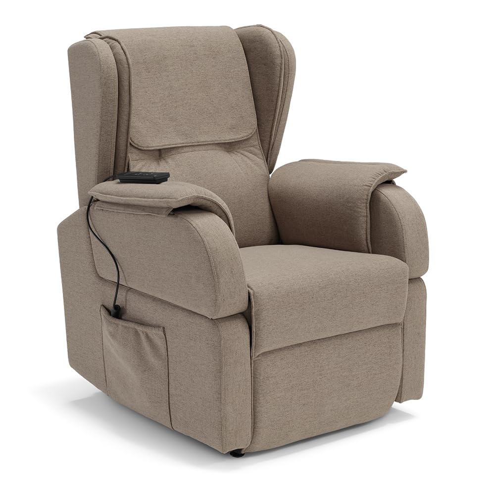 Poltrona relax elettrica Berlino per anziani, 2 motori, 4 ruote, tessuto antimacchia, alzapersona, kit optional batteria, braccioli estrabili e tavolino opzionale (4 Ruote + Tavolino, Tortora)