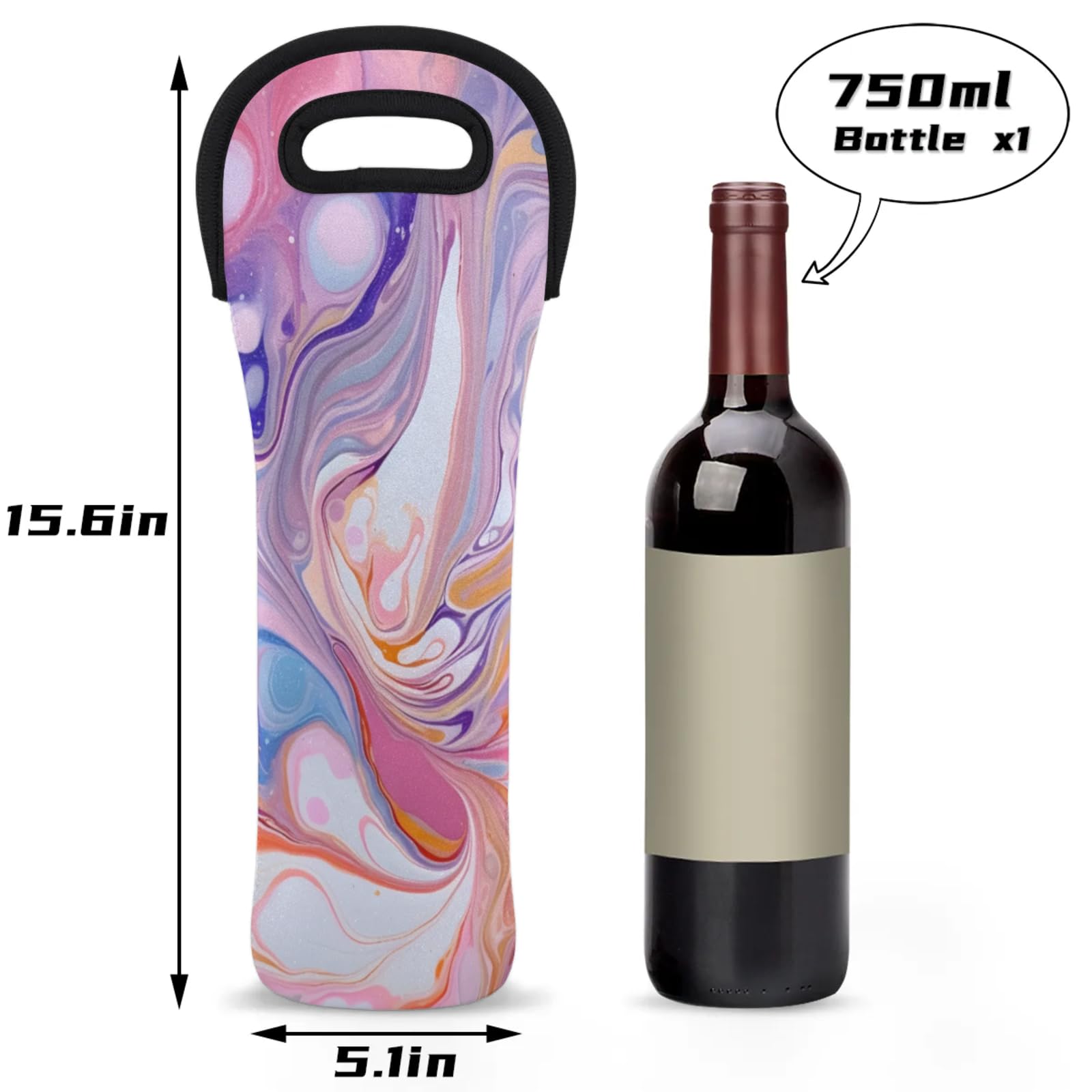 Neoprene Wine Tote Carrier Bag for Wine,Water, Champagne, Beer, Baby Bottles 15.6 x 5.1 Inches, Protective Wine Bag,Rainbow