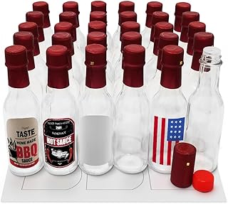 5oz Hot Sauce Bottles, Empty Clear Glass Woozy Bottles with Shrink Capsules, Small Wine Bottle with Shirnk Bands, Canning Bottle Cap Orifice Reducer Self-Printable Labels Free Design Template (30 RED)