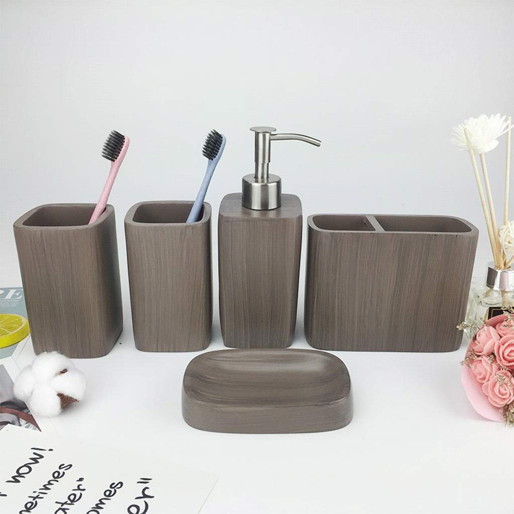 Distributeur de Savon, Ensemble d'accessoires de Salle de Bain 5 pièces, Collection Motif marbre, Imitation Bois, Pompe, Porte-Brosse à Dents, Plateau Distributeur