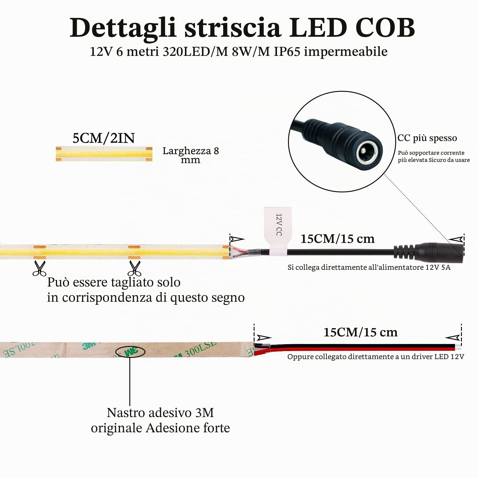 JOYLIT Striscia LED COB 12V Impermeabile IP65 6 Metri 4000K Bianca Naturale 320LEDs/M 4500LM CRI 90 Dimmerabile Adesiva Strip LED per RV, Cucina, Bagno (Senza Alimentazione)