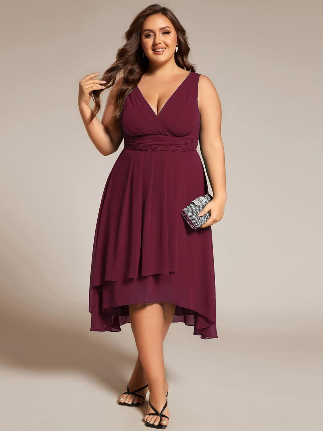 Ever-Pretty Plus Women's V Neck Chiffon Pleated Sleeveless High Low Tea Length Plus Size Cocktail Dresses - Image 4