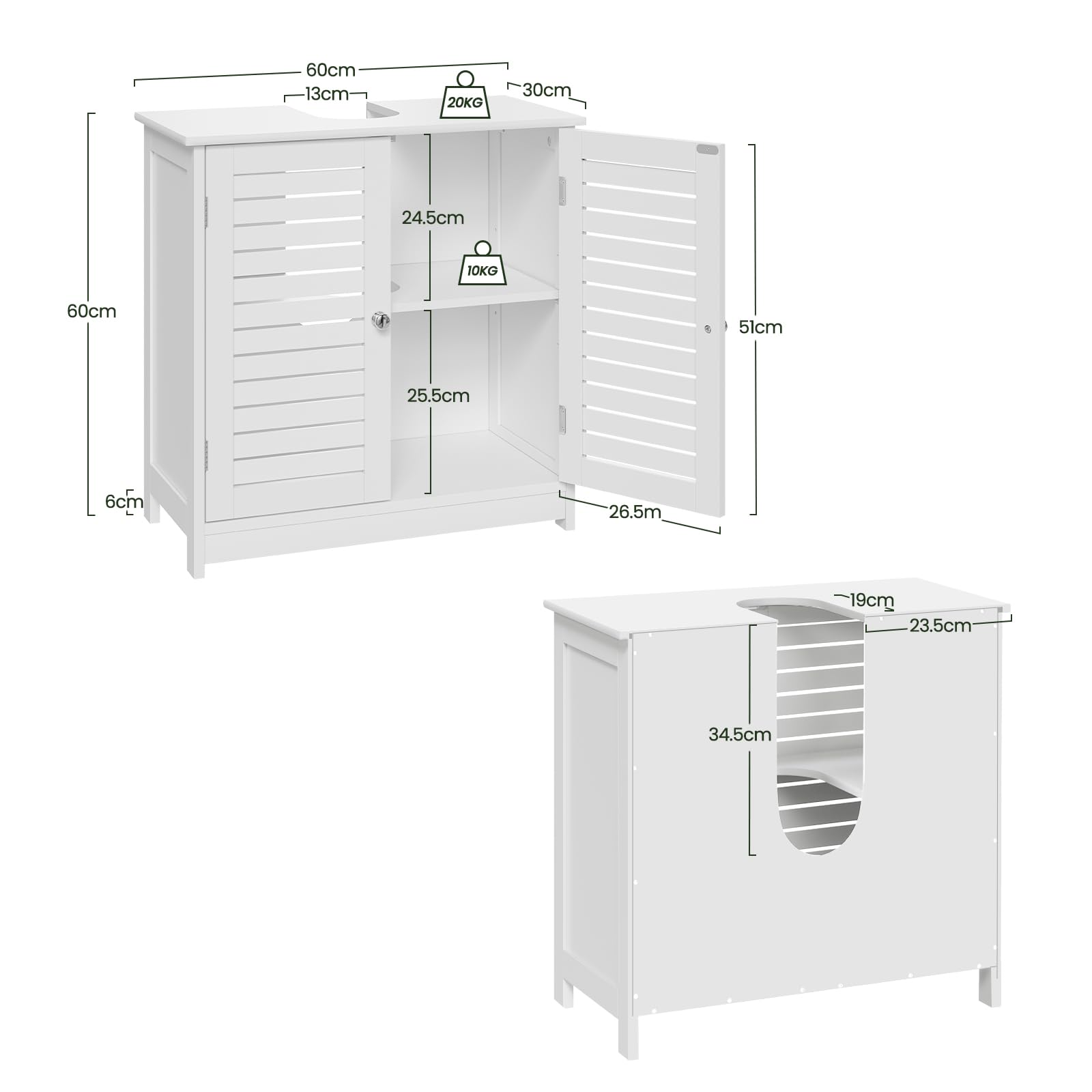 EUGAD Mobiletto Sottolavabo Sottolavello Bianco Armadietto sotto Lavandino per Bagno con Due Ante in Legno