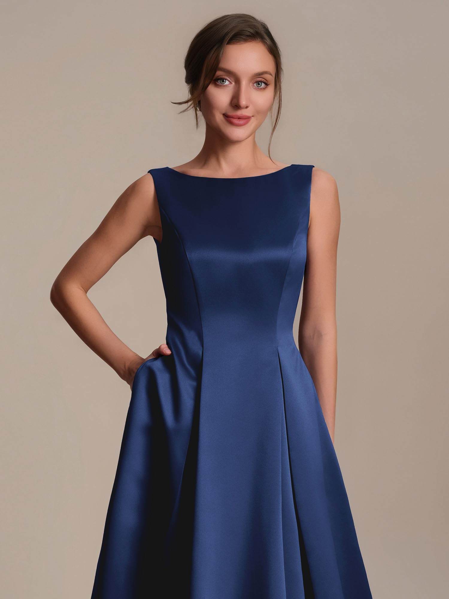 Ever-Pretty Vestito Donna Elegante Collo a Barchetta Senzamaniche Satin Midi Gonna a Ruota EG02775