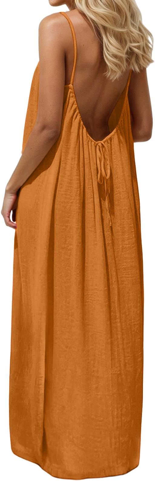 Women's Solid Color Backless Cami Dresses for Women Open Back House-Dress Sleeveless Beach Vacation Clothes