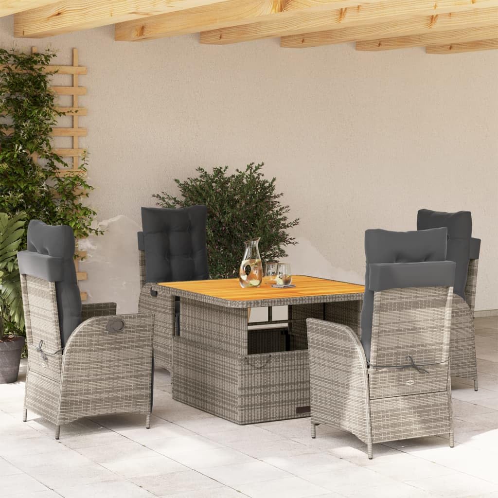 Conjunto de comedor de jardín para terraza con respaldo ajustable y tablero de mesa en color gris de poliratán, incluye cojines y fundas extraíbles