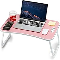 ZEAPTAC Foldable Laptop Bed Desk Pink - Portable Lap Table with Cup Holder, Tablet Slot & Handle for Bed, Sofa Work, Study & Meals