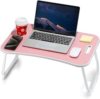 ZEAPTAC Foldable Laptop Bed Desk Pink - Portable Lap Table with Cup Holder, Tablet Slot & Handle for Bed, Sofa Work, Study & Meals