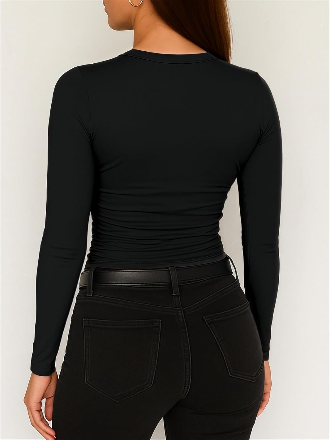 ForeFair Womens Long Sleeve Shirts Ruched Basic Going Out Tops Crew Neck Fall Winter Tee Casual Clothes - Image 4