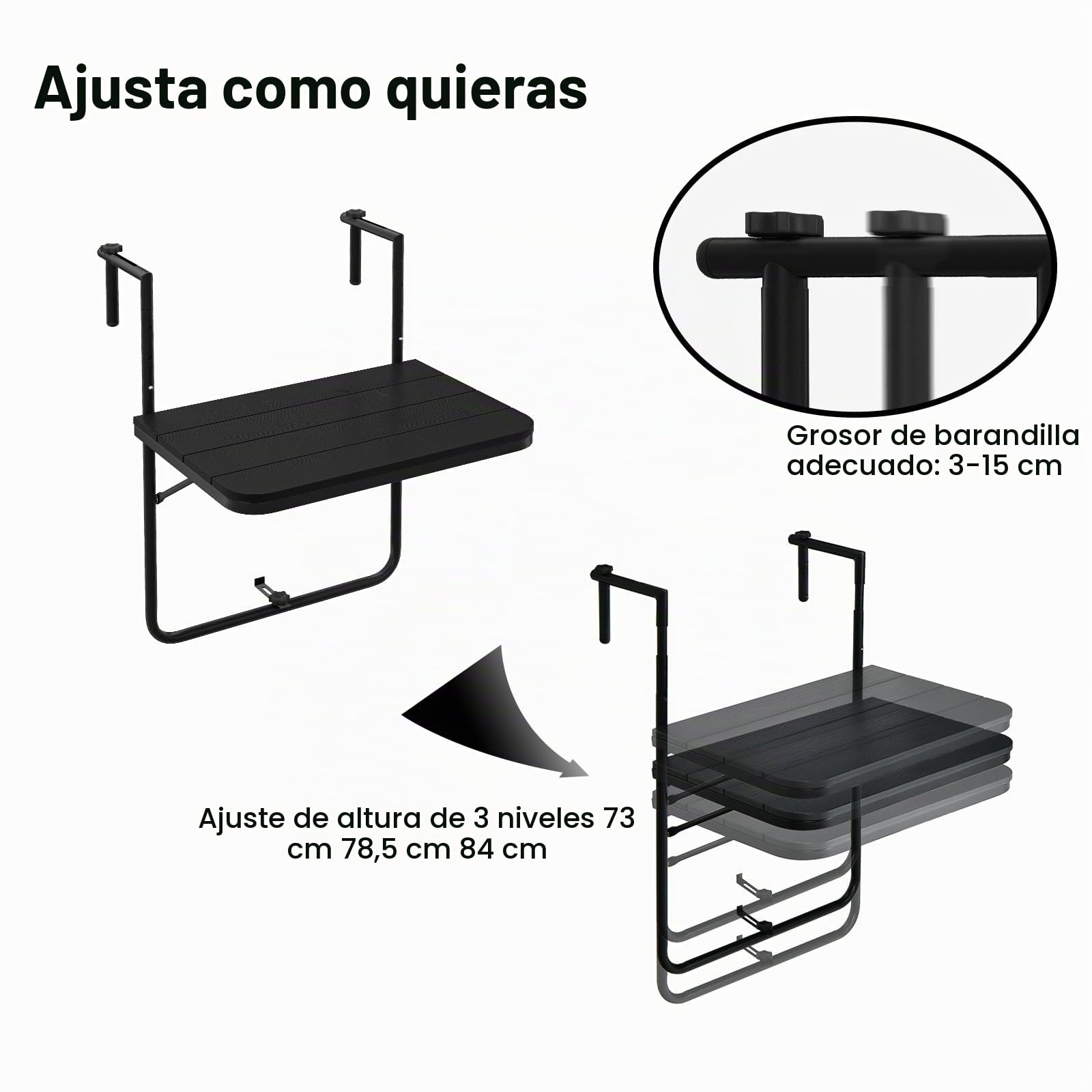 KOMFOTTEU Mesa de Balcón Plegable, Mesa Colgante de Terreza con Altura Ajustable en 3 Niveles, Mesa de Pared con Carga 30 kg, Mese Auxiliar para Exterior, 60 × 62,5 × 84 cm (Negro)