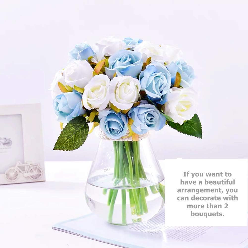 Jasion Artificial Roses Flowers 12 Heads Arrangement Silk Bouquet for Home Office Parties Bridal and Wedding Decoration (Blue and White) - Image 6