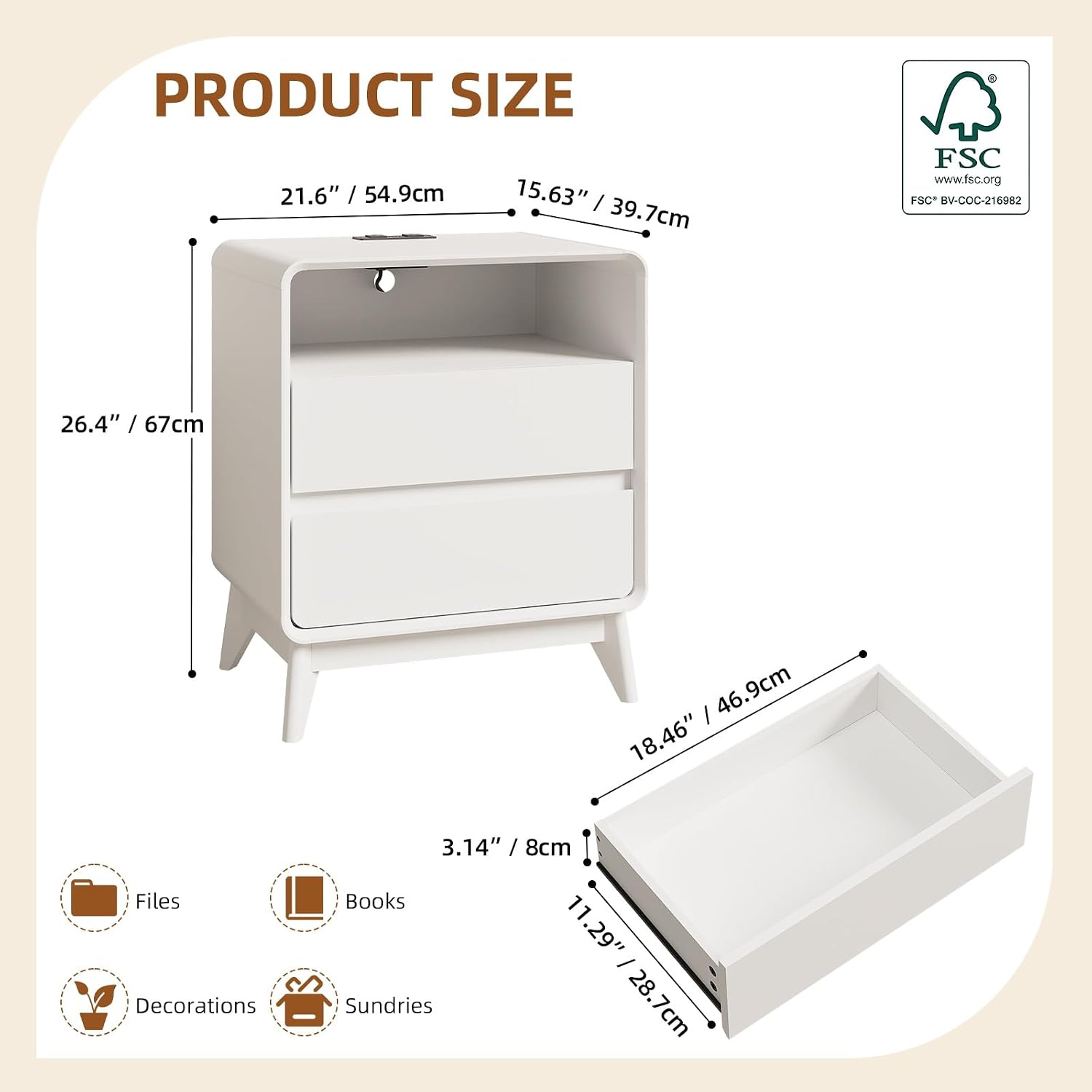White Nightstand with Charging, Bedside Tables with 2 Drawers image 2