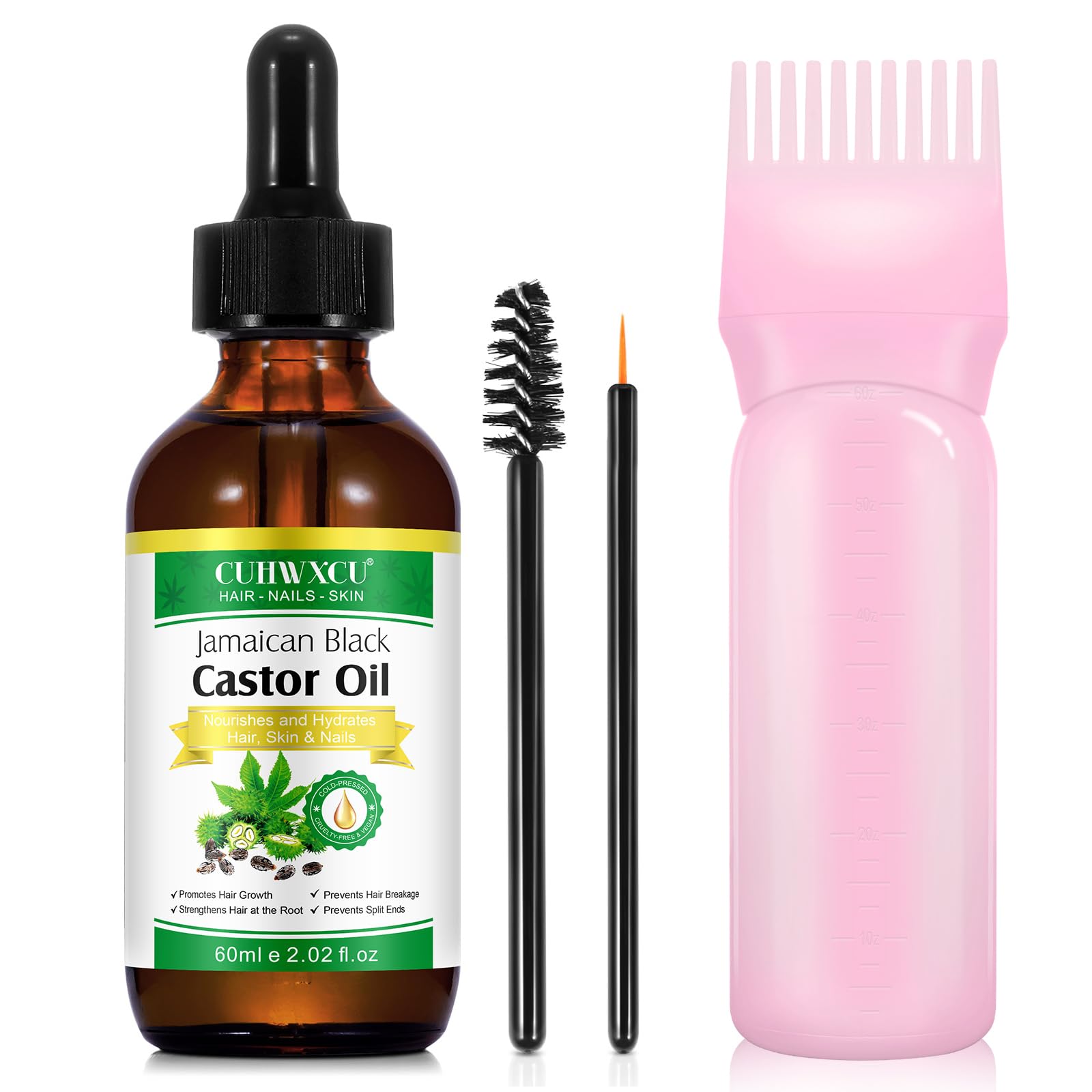 Aceite de Ricino 60ml con Aplicador - 100% Puro y Natural - Aceite de Ricino Orgánico para el Crecimiento del Cabello Pestañas, Cejas - Cuidado de la Piel y el Cuerpo - Prensado en Frío.