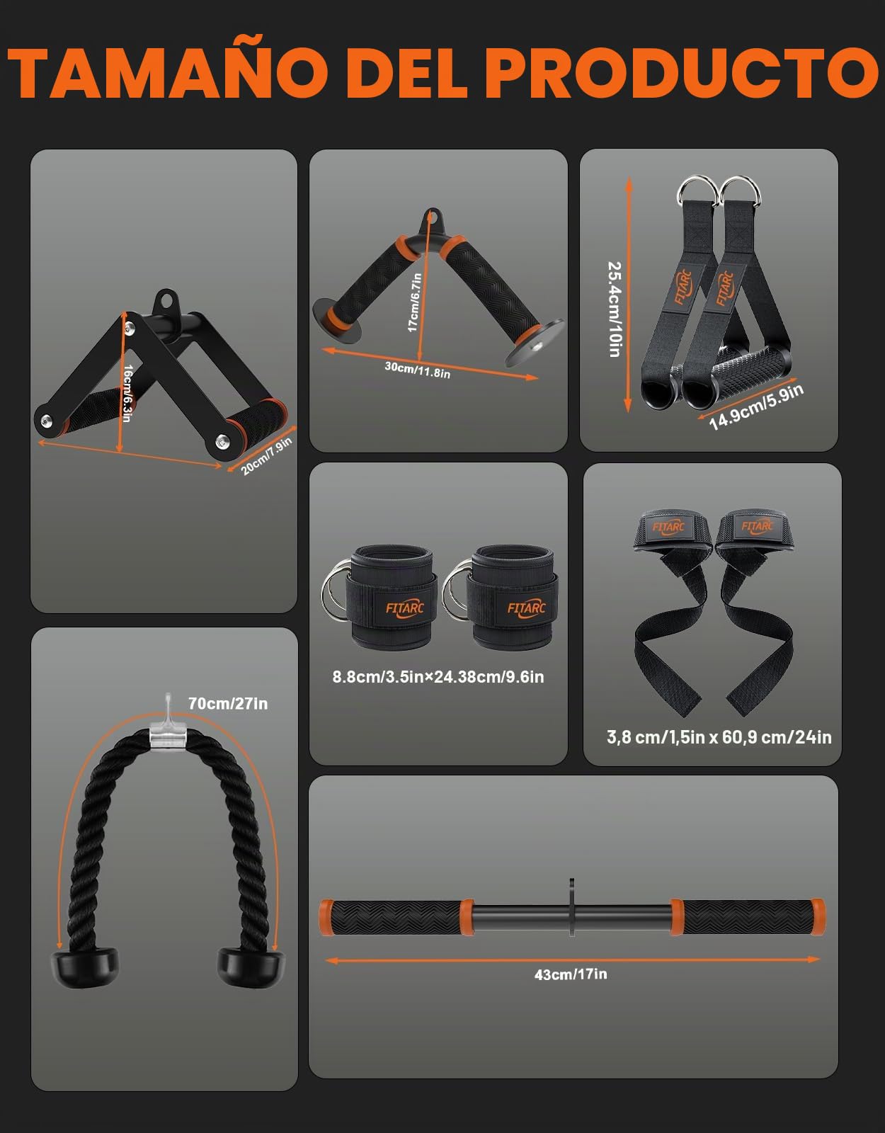 Fitarc - Juego de accesorios para máquina de cable para gimnasio en casa, accesorios para jalar o tiro lateral y tríceps con mango en D, barra en V, cuerda de tríceps, barra recta, mangos de estribo