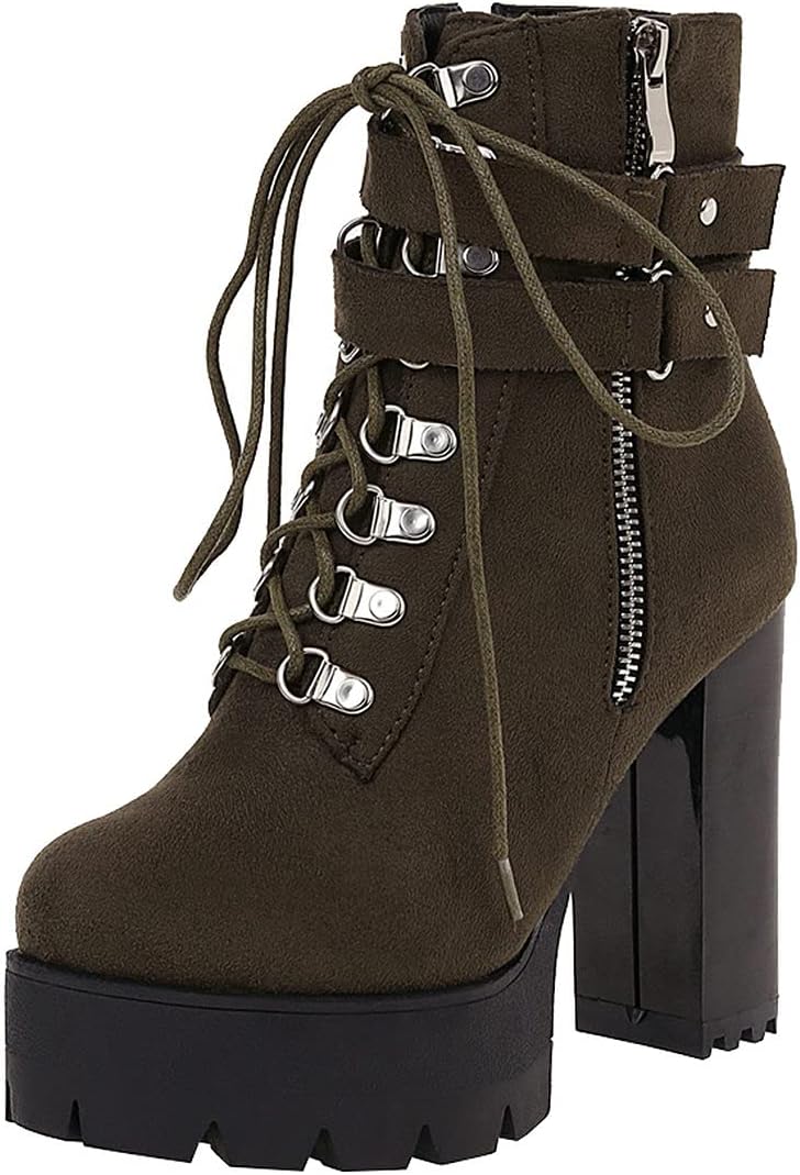 Agodor Women's Goth Platform Combat Booties Lace up Round Toe Chunky High Heel Gothic Ankle Boots