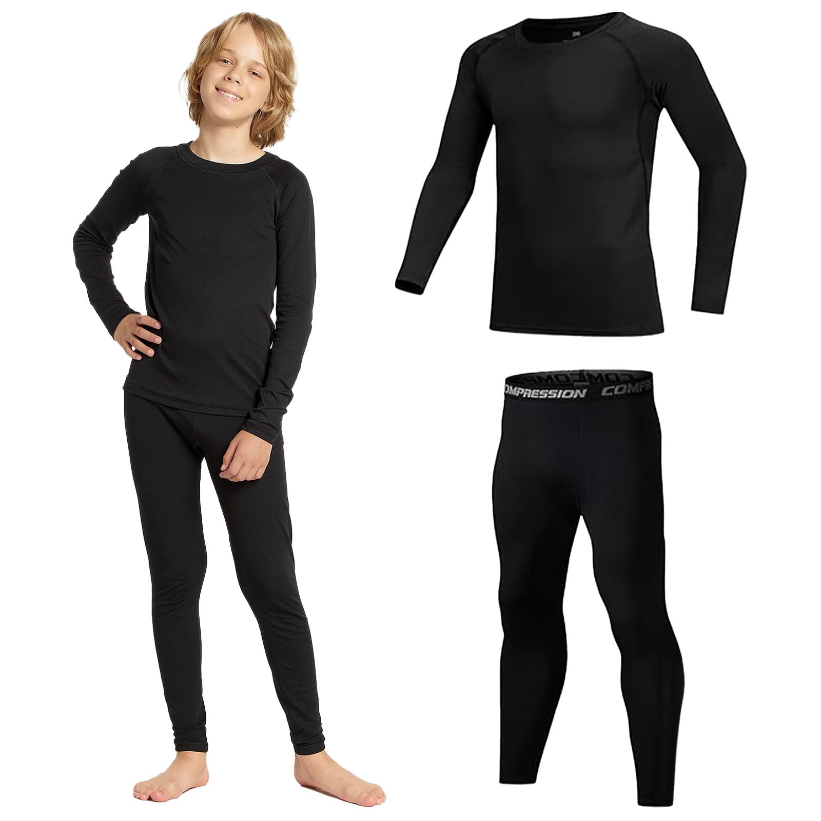 Thermounterwäsche-Set für Kinder, mit Filz gefüttert, Winter, warm, für Mädchen und Jungen, Unterziehshirt und Leggings, Thermounterwäsche-Set für Kinder, zum Skifahren, Radfahren und