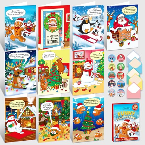 Decorably 20 Pack 5x7in Funny Christmas Cards with Envelopes and Stickers, 10 Charming Holiday Designs Seasons Greetings for Family, Friends & Loved Ones with Printed Message - Gifting, Mailing