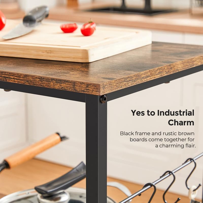 VASAGLE Baker’s Rack, Kitchen Shelf, Kitchen Island, Microwave Oven Stand with 3 Open Shelves, 6 Hooks, Metal Frame, 15.7 x 31.5 x 35.4 Inches, Industrial, Rustic Brown and Black UKKI002B01
