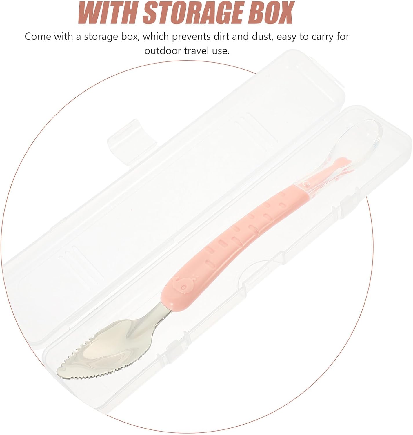 Double-head Complementary Food Spoon with Silicone and Stainless Steel Tips Puree Scraping Feeding Utensil for Fruits and Vegetables Portable Pink-Colored Spoon with Storage Box