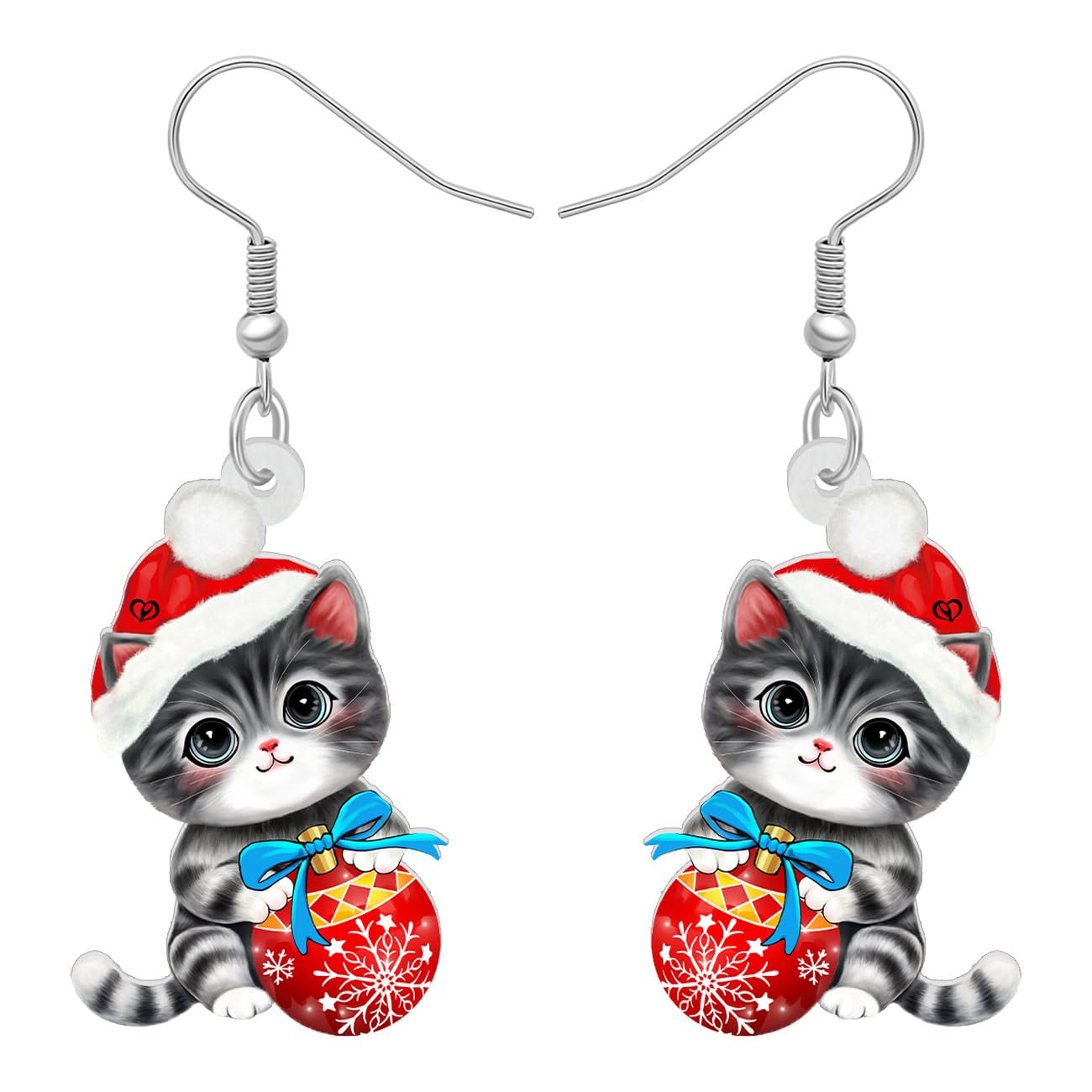 Orecchini Natalizi A Forma Di Gatto Soriano Con Cappello Di Babbo Natale - Acrilico E Acciaio Inox - Regalo Invernale - 2