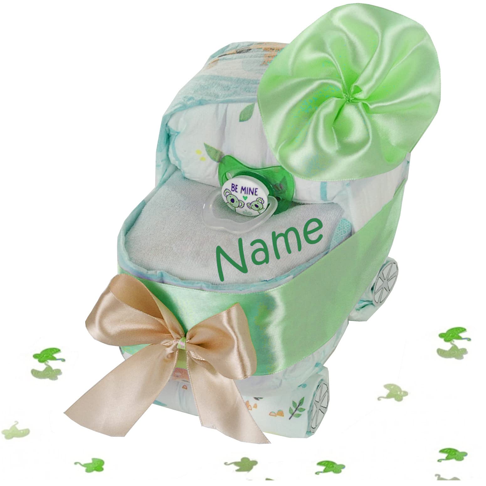 Gâteau de couches personnalisé pour poussette | Fabriqué à partir de 15 couches Baby-Dry taille 3, bavoirs avec nom, tétine, vert, 25 x 25 x 15 cm