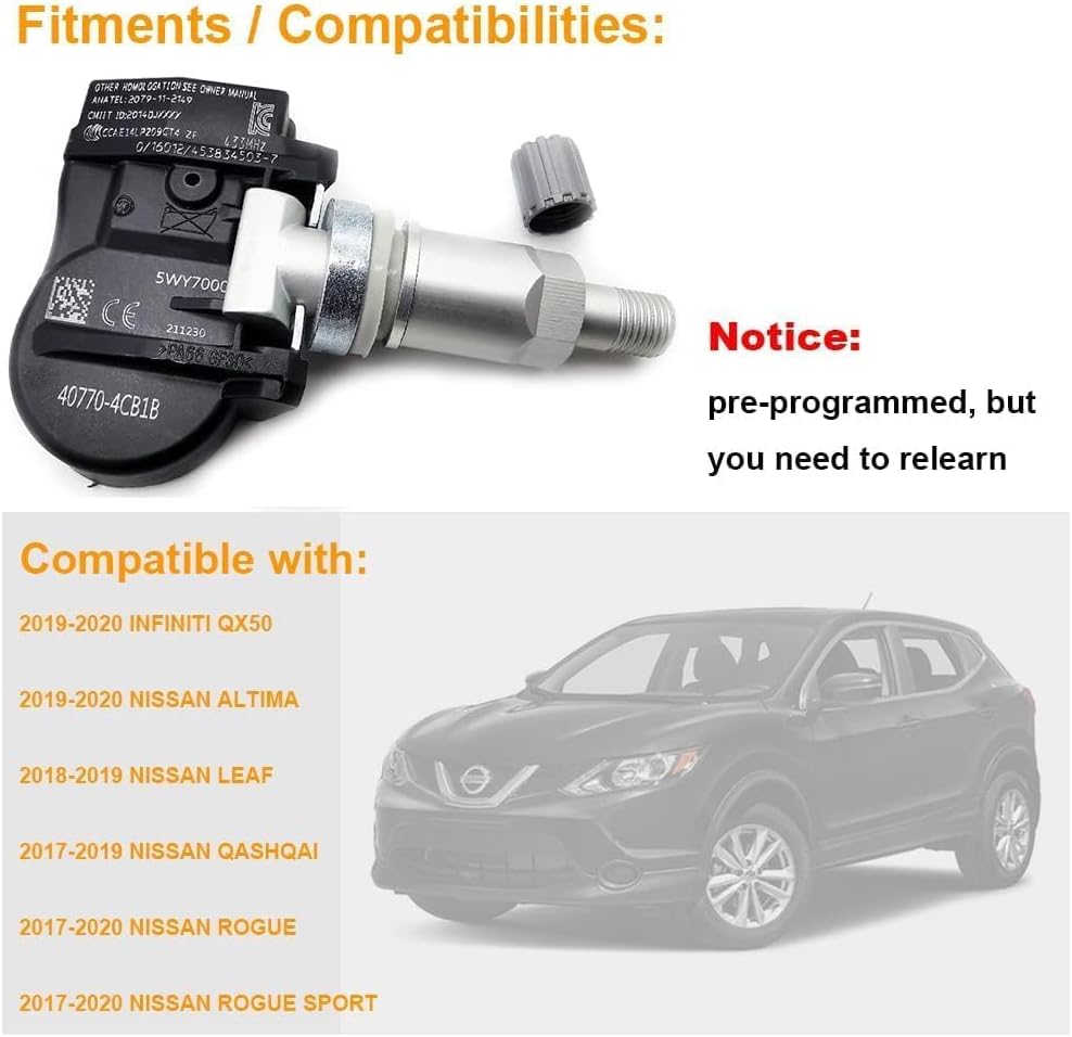 Programmed Tire Pressure Monitoring System (TPMS) Sensor 433MHz Compatible with 2017-2020 QX50 Altima Leaf Qashqai Rogue Sport Replace# 40770-4CB1B, 407004CB0A, 407704CB1B Set of 4
