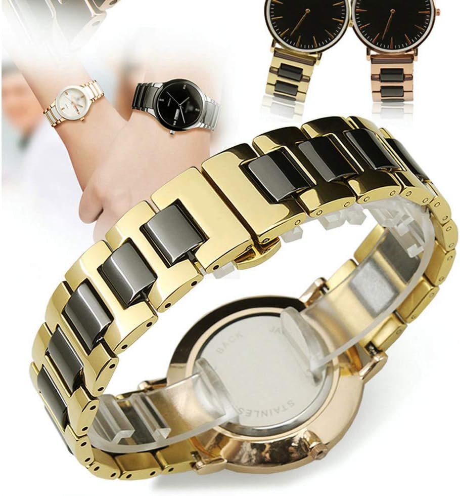 White Ceramic Watch Strap Bracelet Classy Watch Band Rose Gold Stainless Steel Bracelet Butterfly Clasp Push Button 18mm Watch Replacement for Men Women