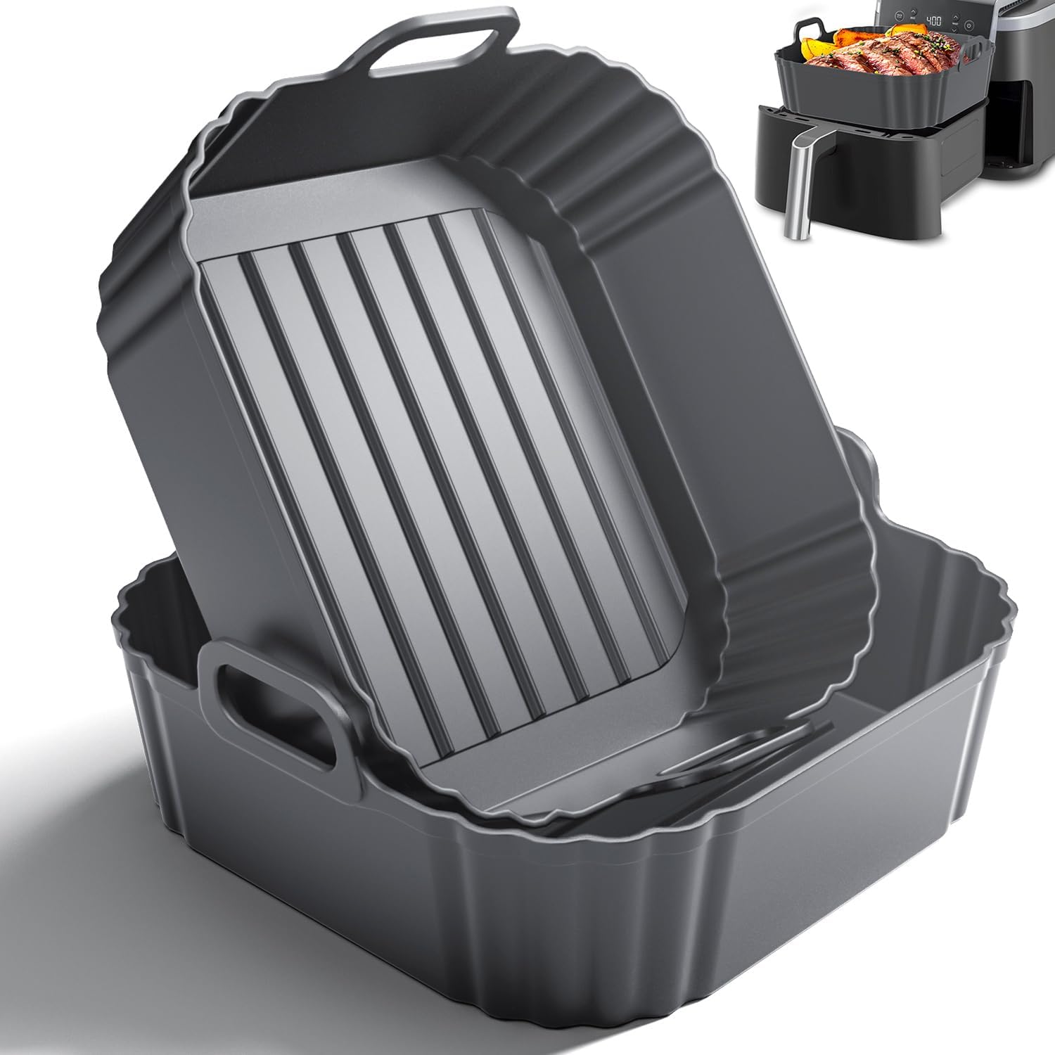 8.5 Inch Square Silicone Air Fryer Liners 2 Pack, Reusable Air Fryer Basket Liners for Ninja AF141 AF142 AF181, COSORI, Cuisinart, Chefman, Instant Air Fryer 5–6.5 QT