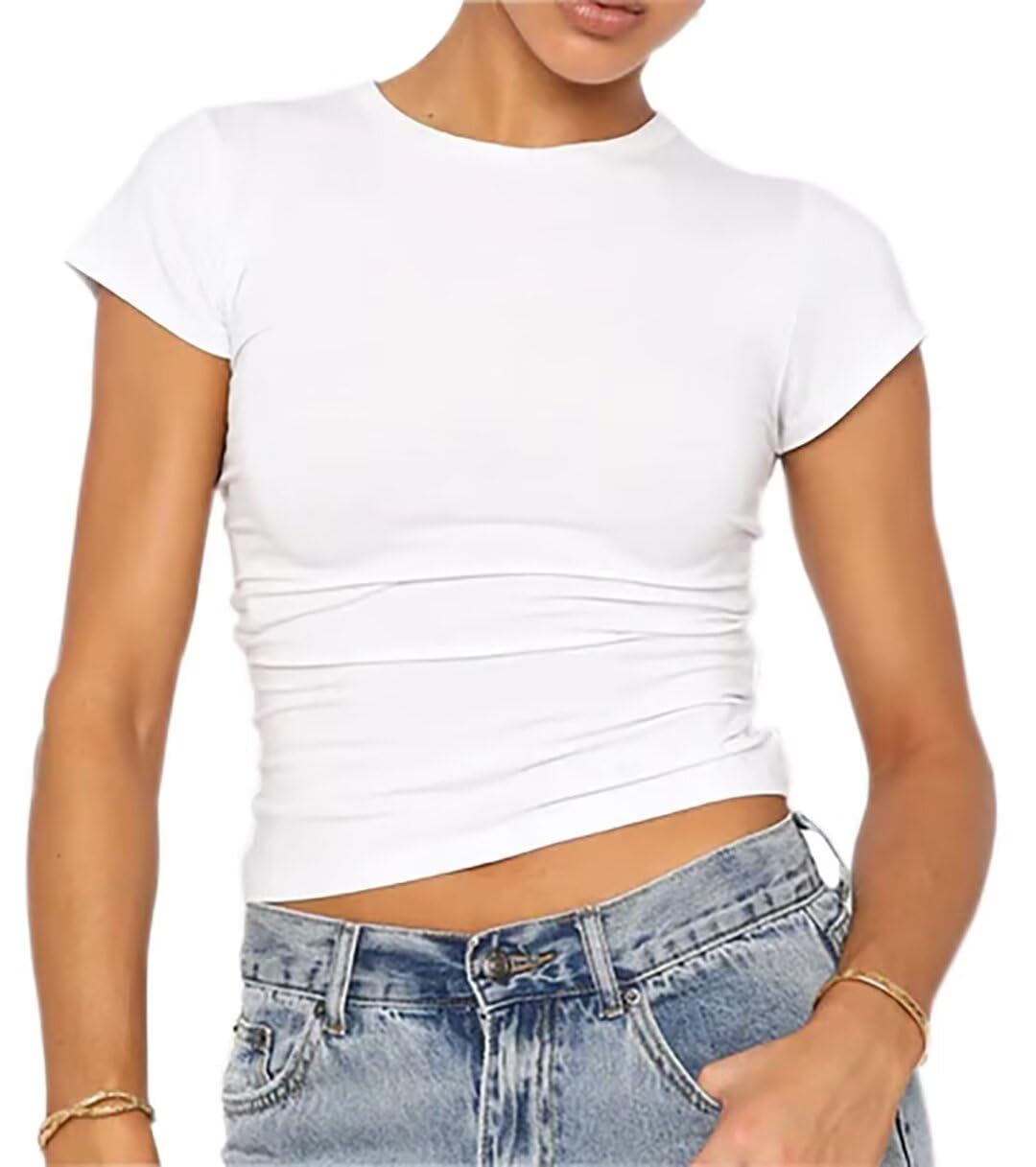 Women's Going Out Basic Crop Tops Solid Color Short Sleeve Crewneck Shirt Y2K Slim Fit T-Shirt Streetwear