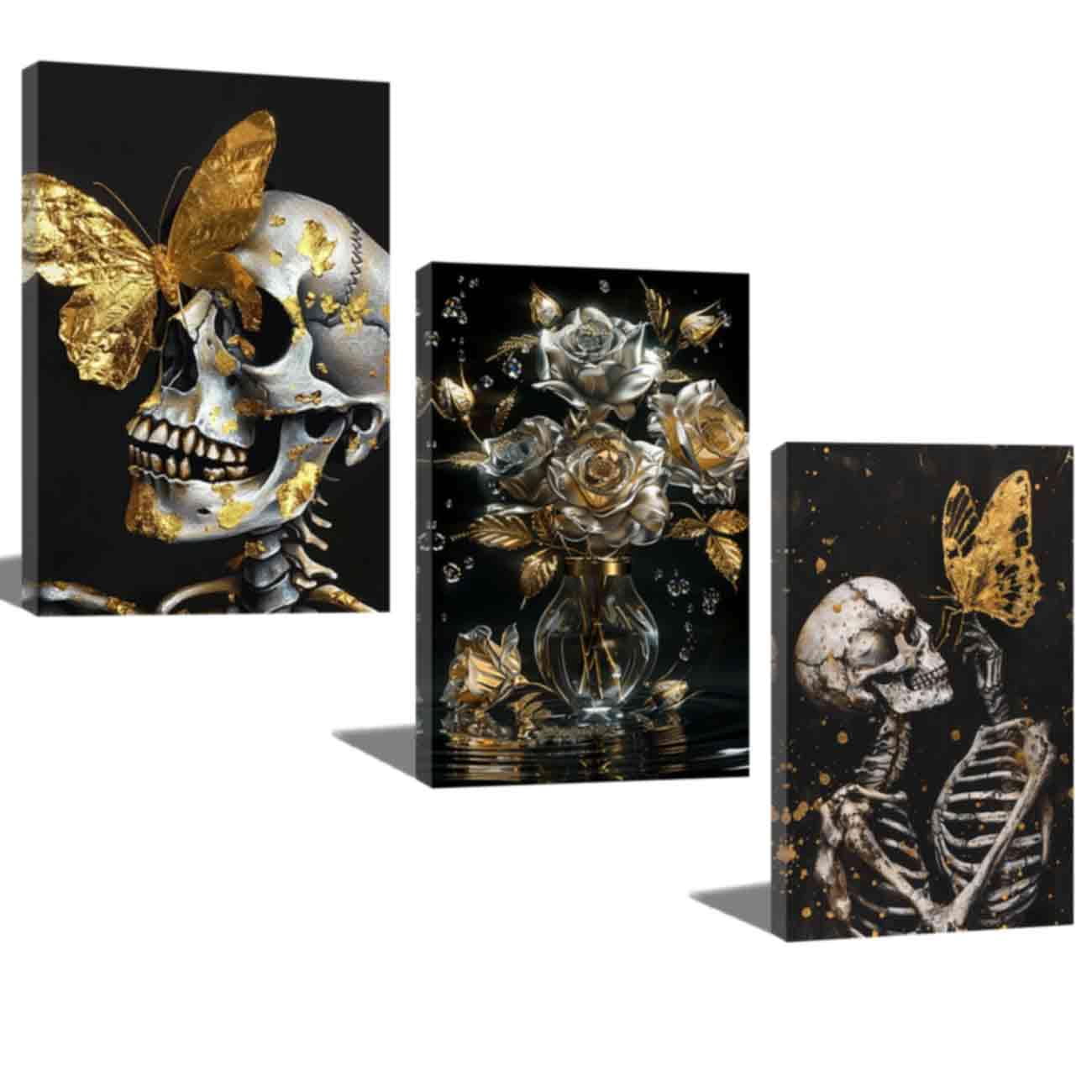 ZQQART Gold Skull Canvas Prints Wall Art 3 Pieces Black Gold Pink Skull Butterfly Flower Picture Abstract Gothic Theme Halloween Wall Decor (Gold,16.00"x24.00"x3)