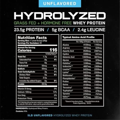 Muscle Feast Grass-Fed Hydrolyzed Whey Protein Powder, All Natural Hormone-Free, Unflavored, 5Lb #TOP3