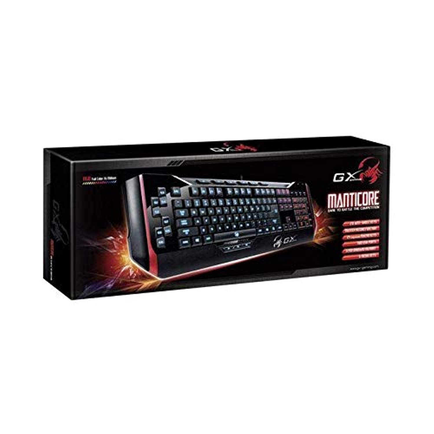 Genius Manticore Gaming Keyboard, black and red design with illuminated keys.