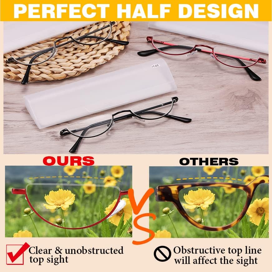Miniatura 3 de Lentes de lectura de media luna, anti luz azul, rayos UV, medio marco semi lente delgado con bisagra de resorte con funda para hombres y mujeres