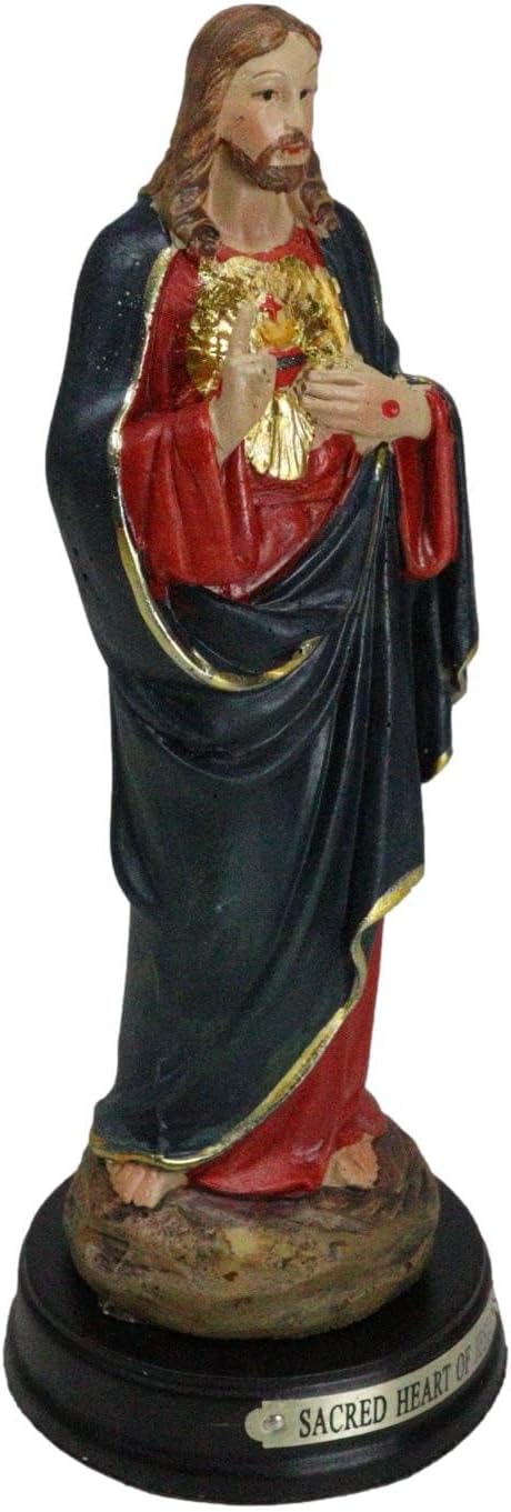 Ebros Gift Catholic Church Sacred Heart Jesus Christ Statue with Brass Plated Title Name Wood Base 5" Tall Christian Religious Devotional Altar Sculpture Kitchen Countertop Table Accessory