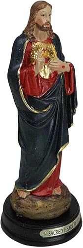Miniatura 7 de Ebros Gift Estatua de Jesucristo de Iglesia católica con corazón sagrado con latón chapado en latón, nombre de título base de madera, 5 pulgadas de
