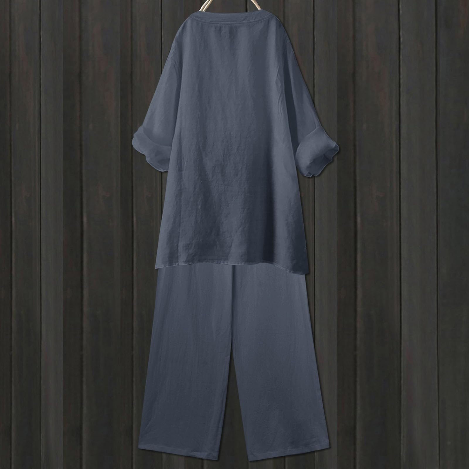 Ensemble de pyjama 2 pièces pour femme - Grandes tailles - Couleur unie | Combinaison ample en lin à manches mi-longues, col en V, boutons et taille élastique, lacets, pantalon à jambes larges