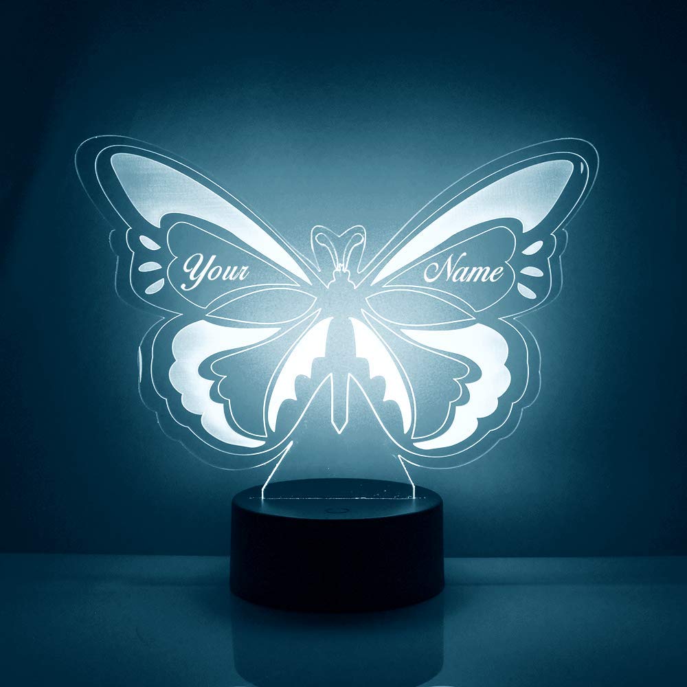 Custom Butterfly LED Sign Night Light Lamp with Remote, Light Up Display with Personalized Name or Image, Customized, Made in The USA, Clear Acrylic Home Decor Design with 16 Colors, 4 Modes