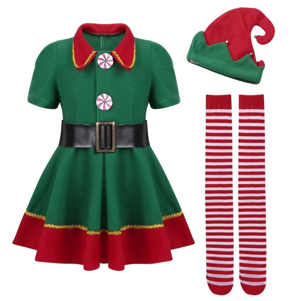 AudMsier Christmas Costume Outfit for Girls, Elf Costume Cosplay Xmas Party Festive Outfits for Kids (130CM)
