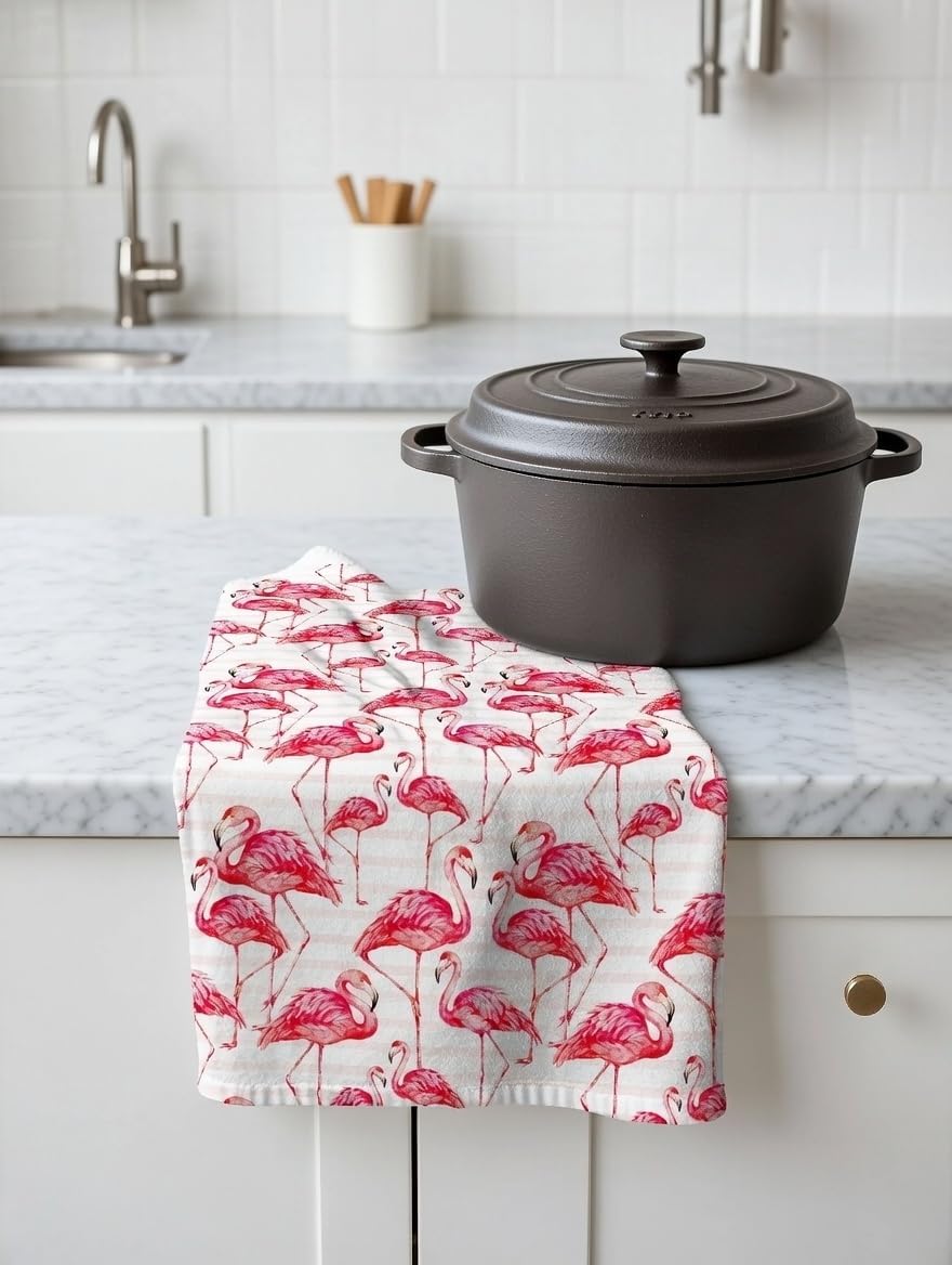 4 x Vibrant and Colorful Flamingo Kitchen Towels/Flamingo Tea Towels for Daily Use & Home Decoration Naples Design - Red Pack of Four