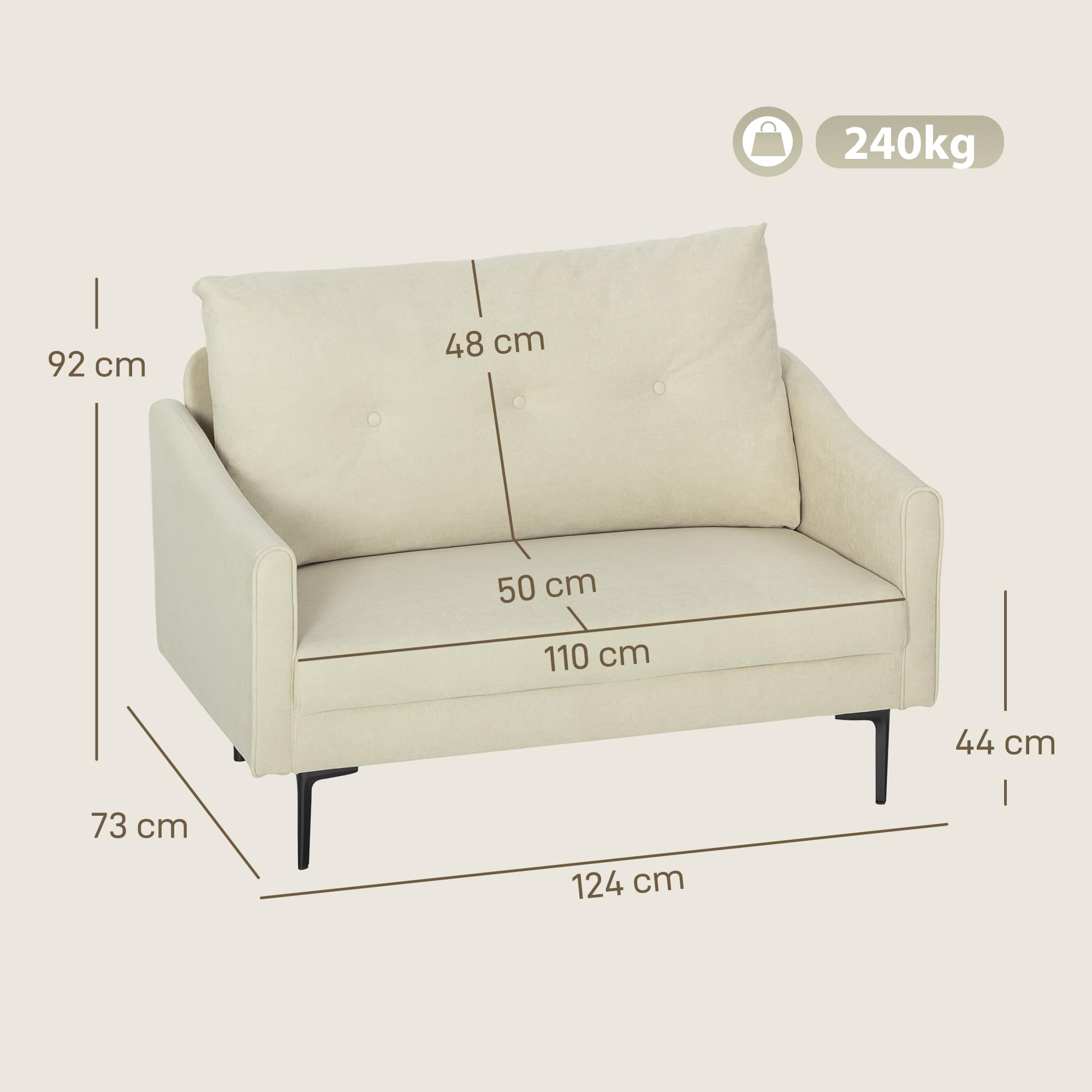 HOMCOM Divano 2 Posti in Velluto con Schienale Cuscino Trapuntato a Bottoni Rimovibile, Divanetto 2 Posti Imbottito Salvaspazio Moderno con Gambe in Metallo per Soggiorno Salotto, 124x73x92 cm, Crema