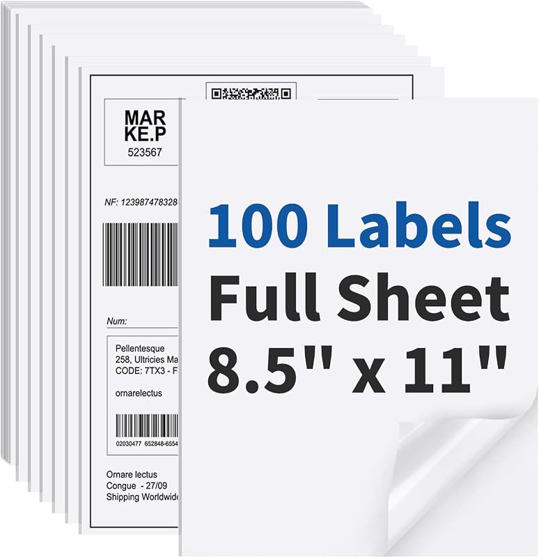 100 Sheets Sticker Paper Matte White, 8.5" x 11" Label Paper for Laser & Inkjet Printer, Full Sheet Label for Shipping Address Mailing