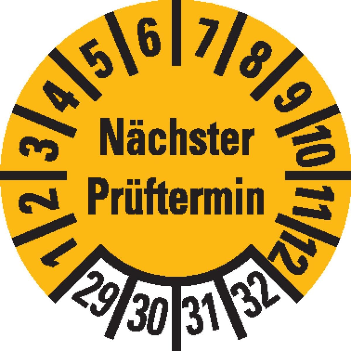 Mehrjahresprüfplakette Nächster Prüftermin 2029–2032, Ø10 mm, gelb/schwarz, 1000 Stück auf Rolle, Dokumentenfolie