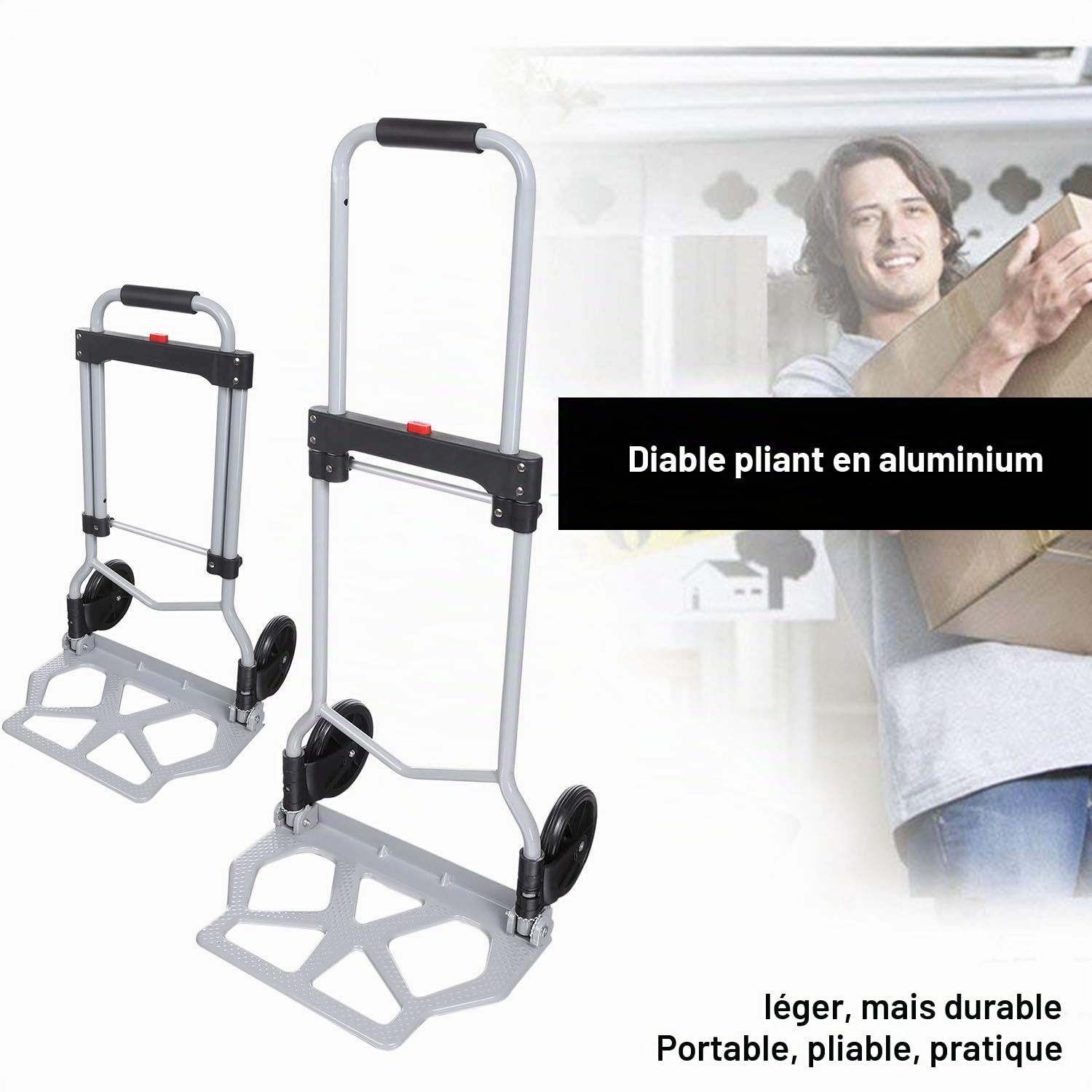 Diable Pliable, Charge Max de 100 kg, Chariot de Transport, Chariots de manutention pour Industriel/Voyage/Shopping, Argent