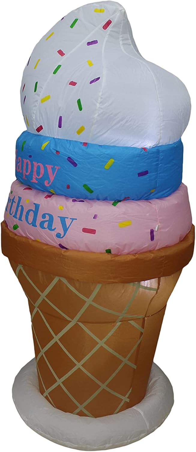 4 Foot Tall Inflatable Happy Birthday Tricolor Ice Cream Cone Pre-Lit LED Lights Outdoor Indoor Decor Holiday Blow Up Giant Lawn Home Garden Party Favor Yard Decoration