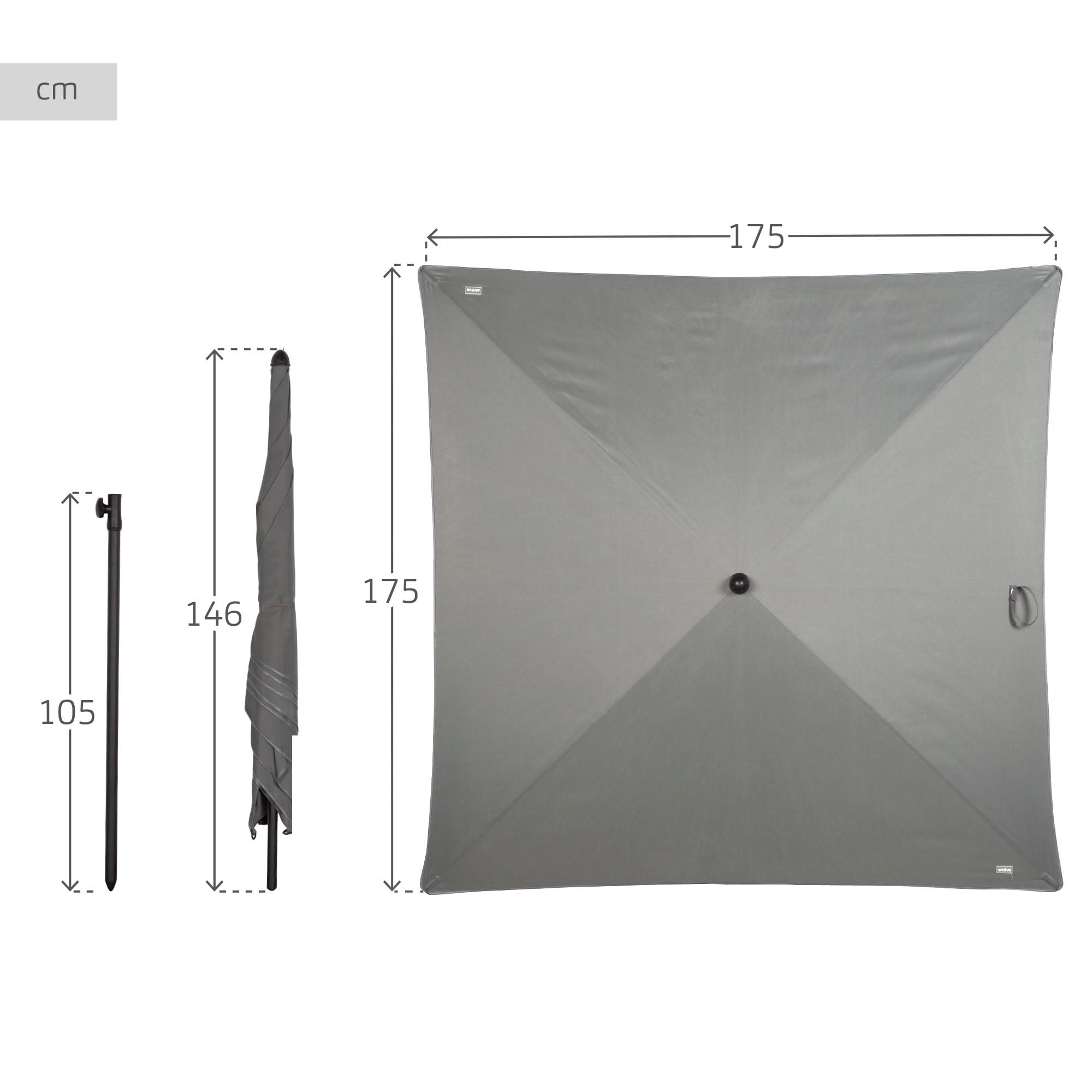 AKTIVE 61151 Kwadratowy parasol tarasowy, 175 x 175 cm, szary, stalowy drążek przechylny, tkanina poliestrowa z ochroną UV30, 4 wytrzymałe pręty, łatwy w montażu i przechowywaniu, parasol ogrodowy