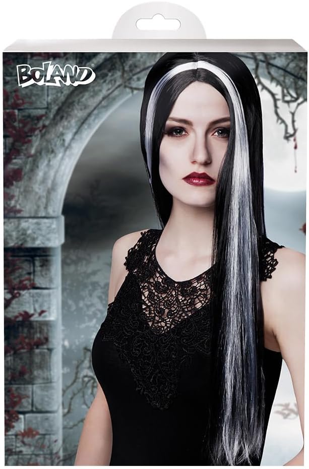 Boland 10102002 BOL86081 Witch Aurora Long Wig, Black with White Tuft, Standard Size