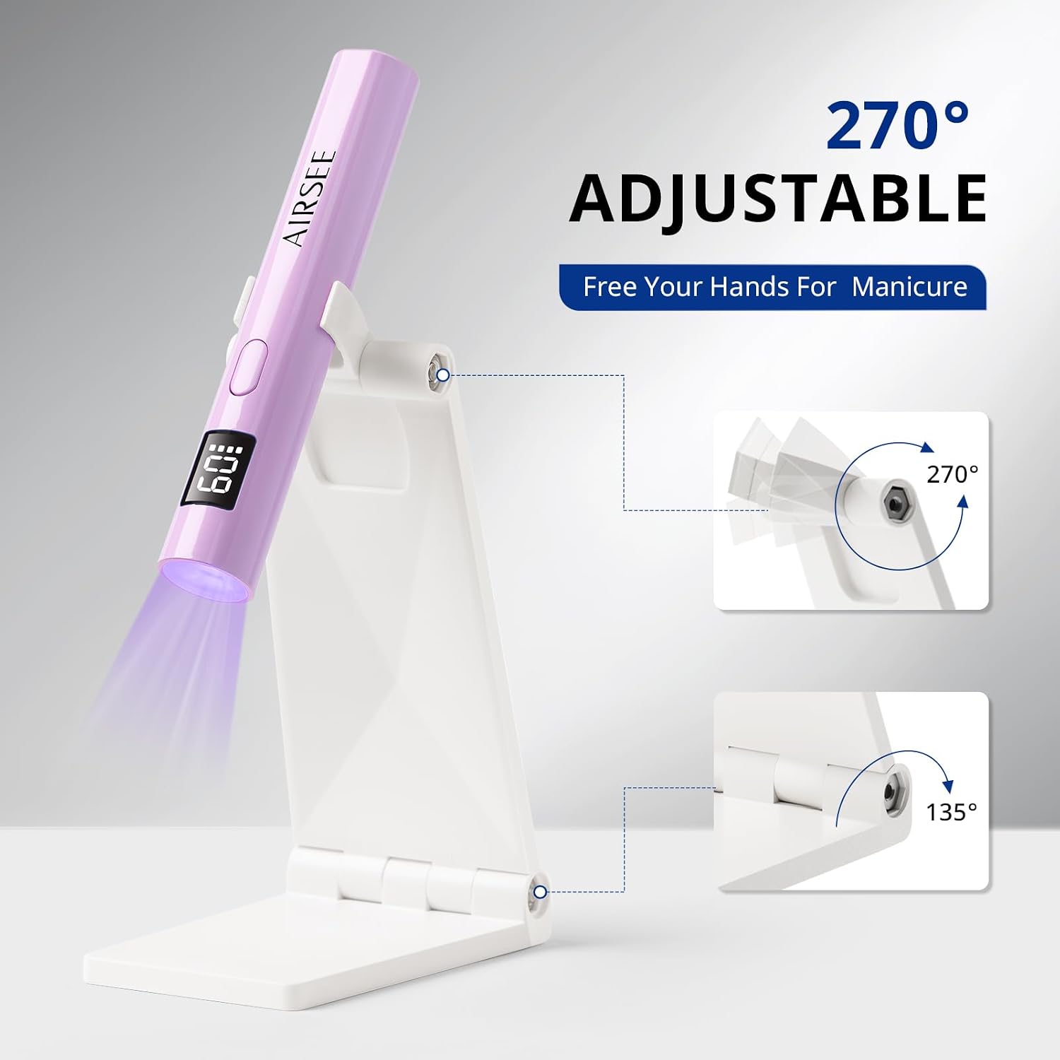 AIRSEE Mini Handheld UV Light with Storage Bag & LCD Display,Cordless Nail Lamps,2 Timers for Fast Cure All Soft Gels, Especially Rhinestone Glue and Gel Nail Strips at Home,Travel (Purple-with Stand)