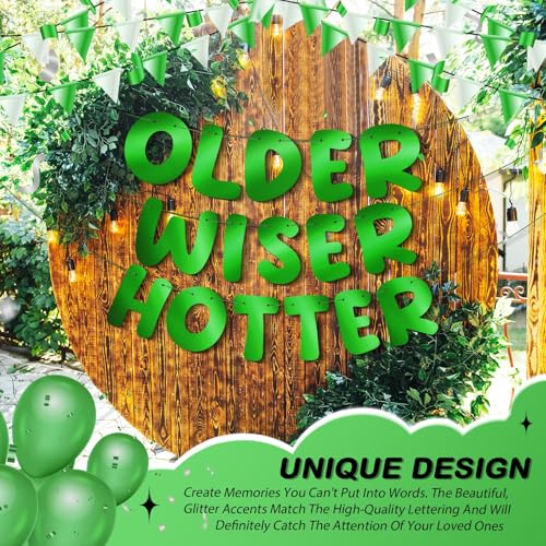 Image of Fulmoon Set of 3 Pre Strung Older Wiser Hotter Glitter Banner Funny Birthday Banner for Women 30th 40th 50th 60th 70th 80th Birthday Party Decorations Sign Gift(Bright Green)
