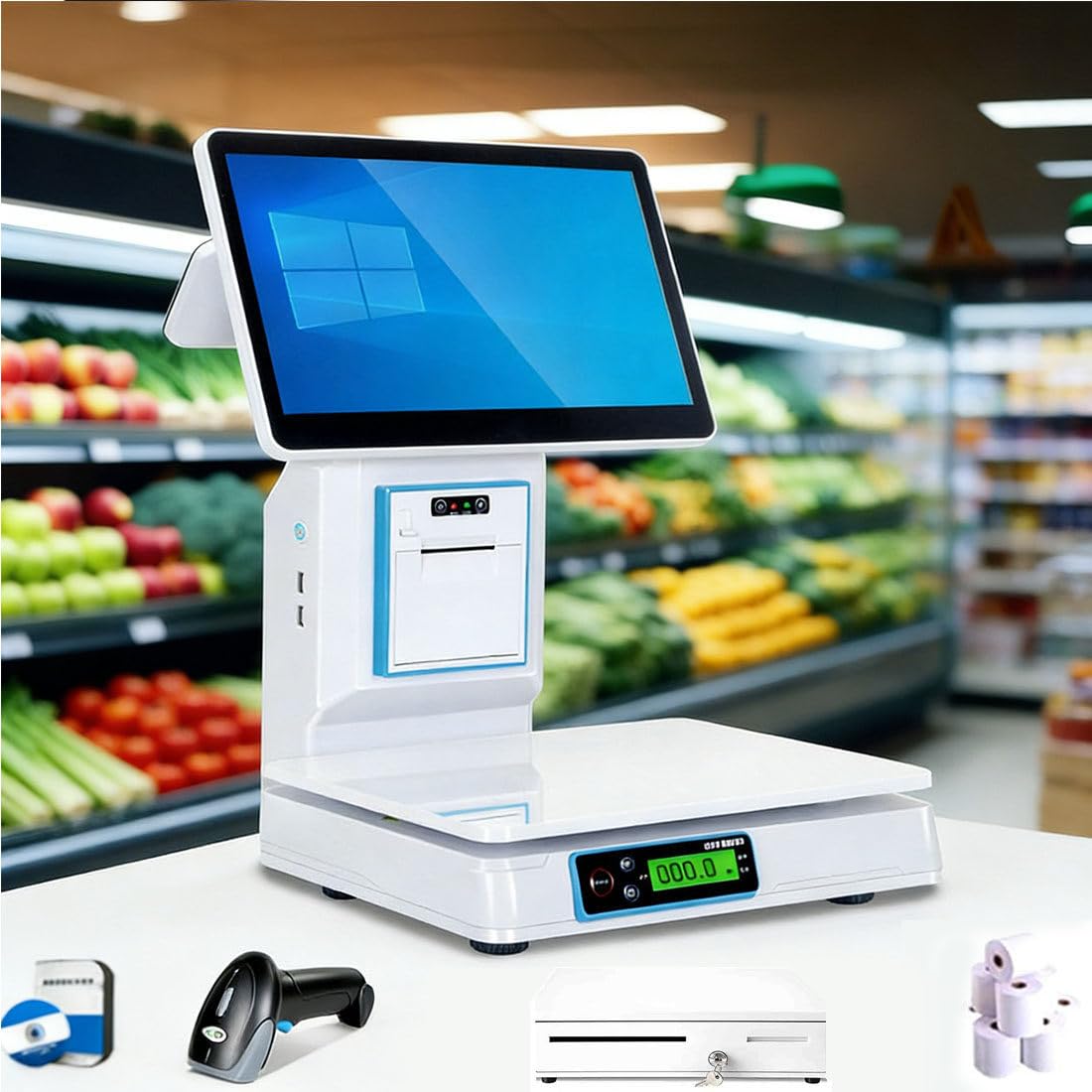 Caja Registradora POS Con Báscula,Pantalla Táctil 15.6'' Windows 10 Con Impresora Térmica Recibos 58 Mm Incorporada Para Negocios Minoristas.Cajón Efectivo Y Escáner Código Barras Singlescreen