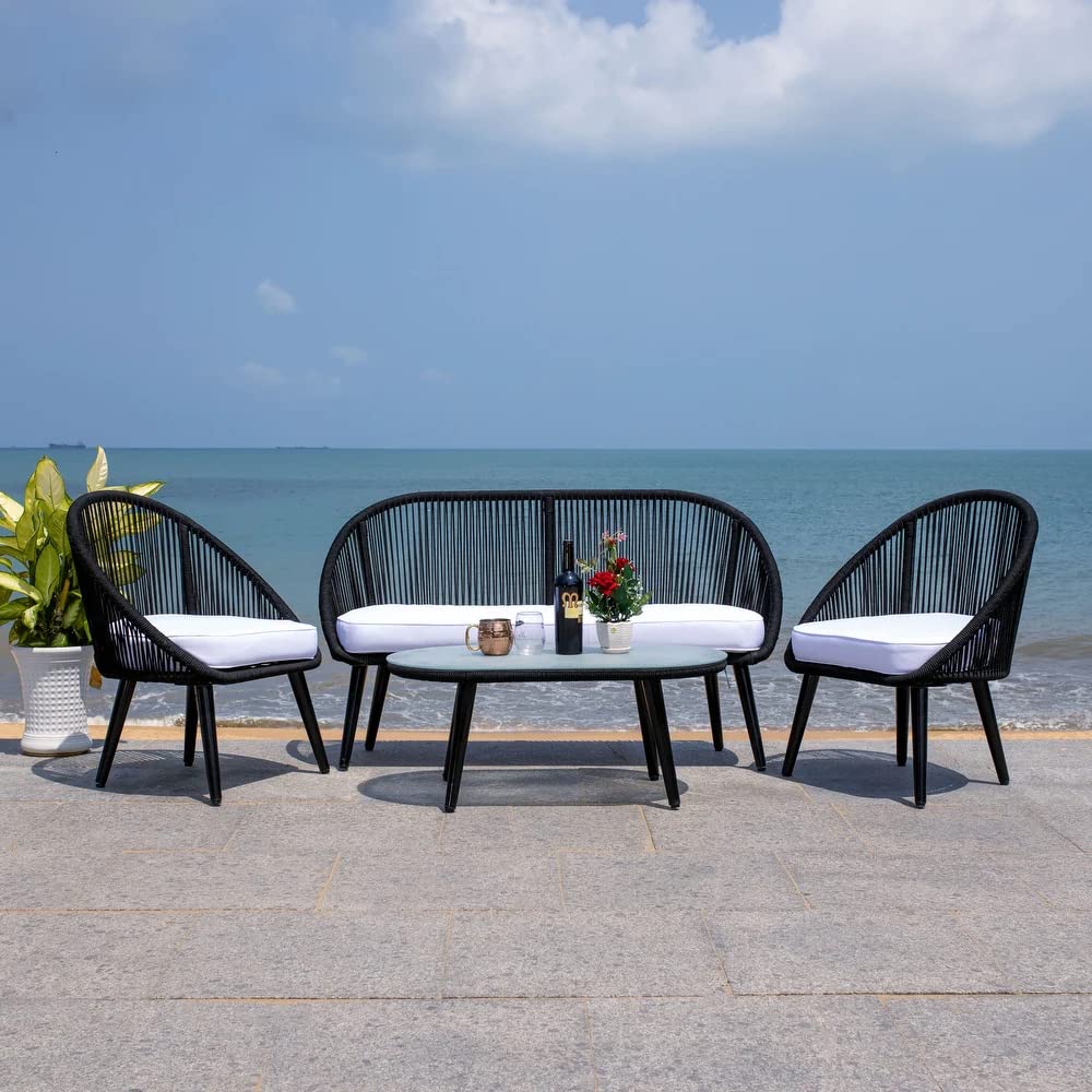 DEVOKO Outdoor 4 Seater Patio Rope Garden Sectional Conversation Set with Cushioned Chair and Glass Top Table for Backyard, Pool, Terrace, Deck (Black & White)